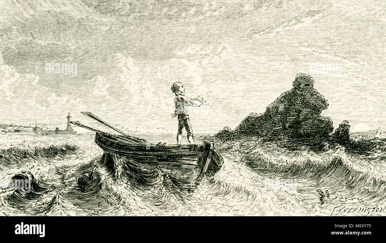 La légende de cette illustration, qui date d'environ 1865, se lit comme suit : dès qu'il s'est retrouvé seul entre le ciel et l'eau, il s'est abandonné à une sorte de joie bruyante. Le garçon ici est Benjamn Franklin et l'année est 1715 et Franklin est de huit ou neuf. Il a, donc l'histoire continue, avait l'habitude d'aller nager tous les soirs dans les routes, près de Boston où il a vécu. Il nagerait au large et souvent la tête pour une barge temporairement abandonné par ses propriétaires et de la direction de la pratique . Vous pouvez voir le bateau. Banque D'Images