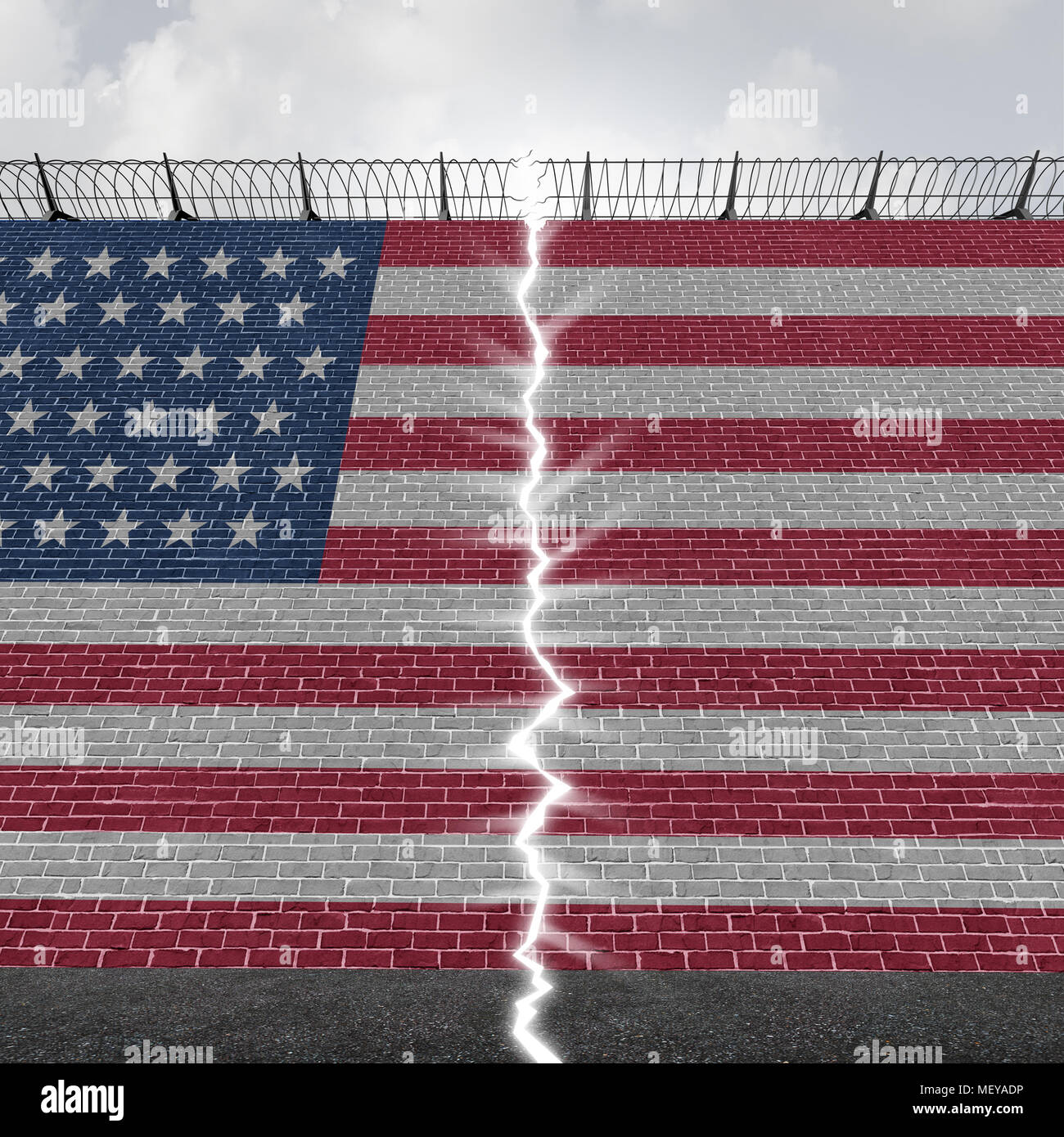 United States Border wall concept comme le Mexique nous barrière avec une ouverture rougeoyante comme un espoir et de la liberté de l'immigration des réfugiés ou symbole. Banque D'Images