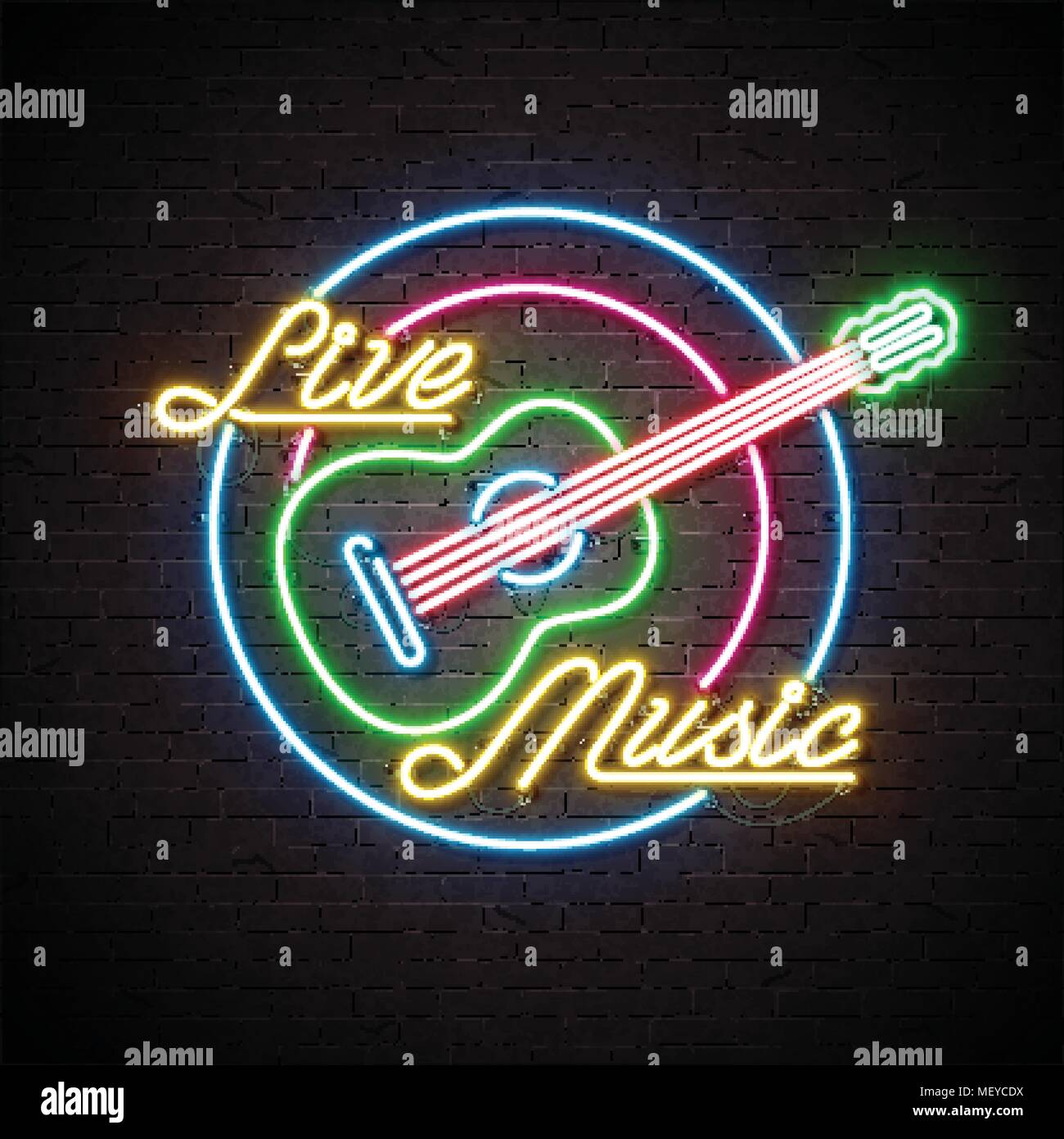 Musique live en néon avec guitare et lettre sur mur de brique arrière-plan. Modèle de conception pour la décoration, couvrir, flyer ou de promotion de l'affiche du parti. Illustration de Vecteur
