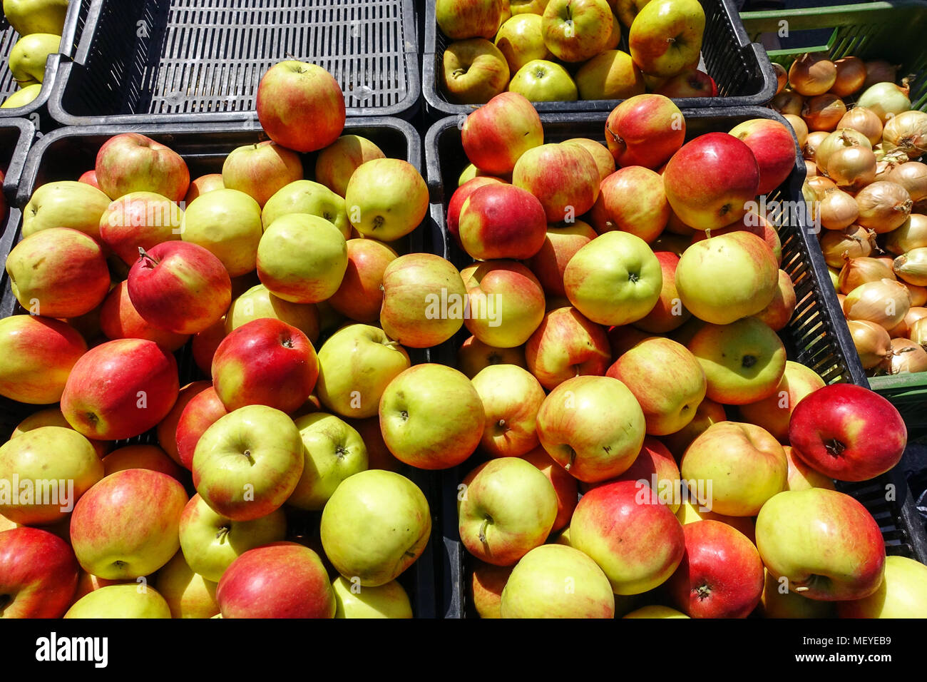 Pommes de Nice dans des caisses sur le marché Banque D'Images