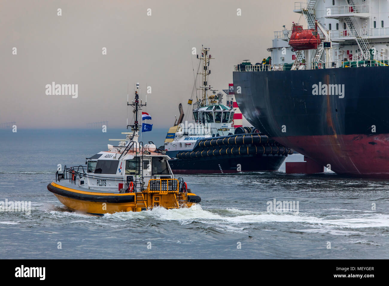 Pétroliers HP.T.C-Sea Jewel, entre dans le port d'Ijmuiden, en Hollande du Nord, Pays-Bas, remorqueur de port, bateau-pilote, Banque D'Images