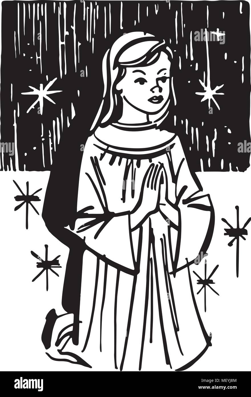 Fille à genoux dans la prière - Retro Clipart Illustration Illustration de Vecteur