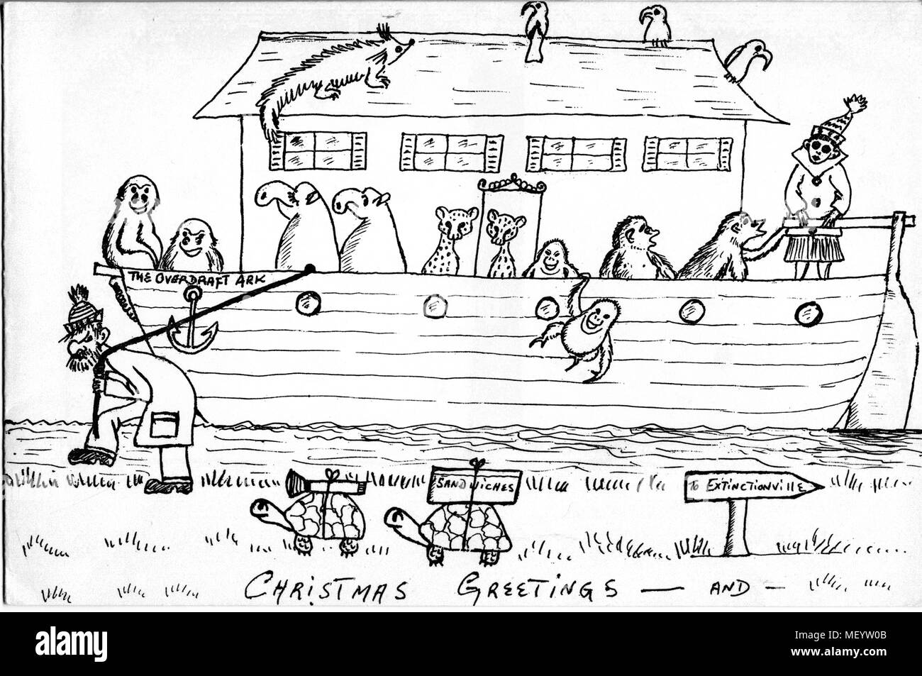 Gerald Durrell's & Jacquie Durrell's comic cartoon carte de Noël ,dessiné par Gerald Durrell 1963 DEVANT DE LA CARTE Banque D'Images