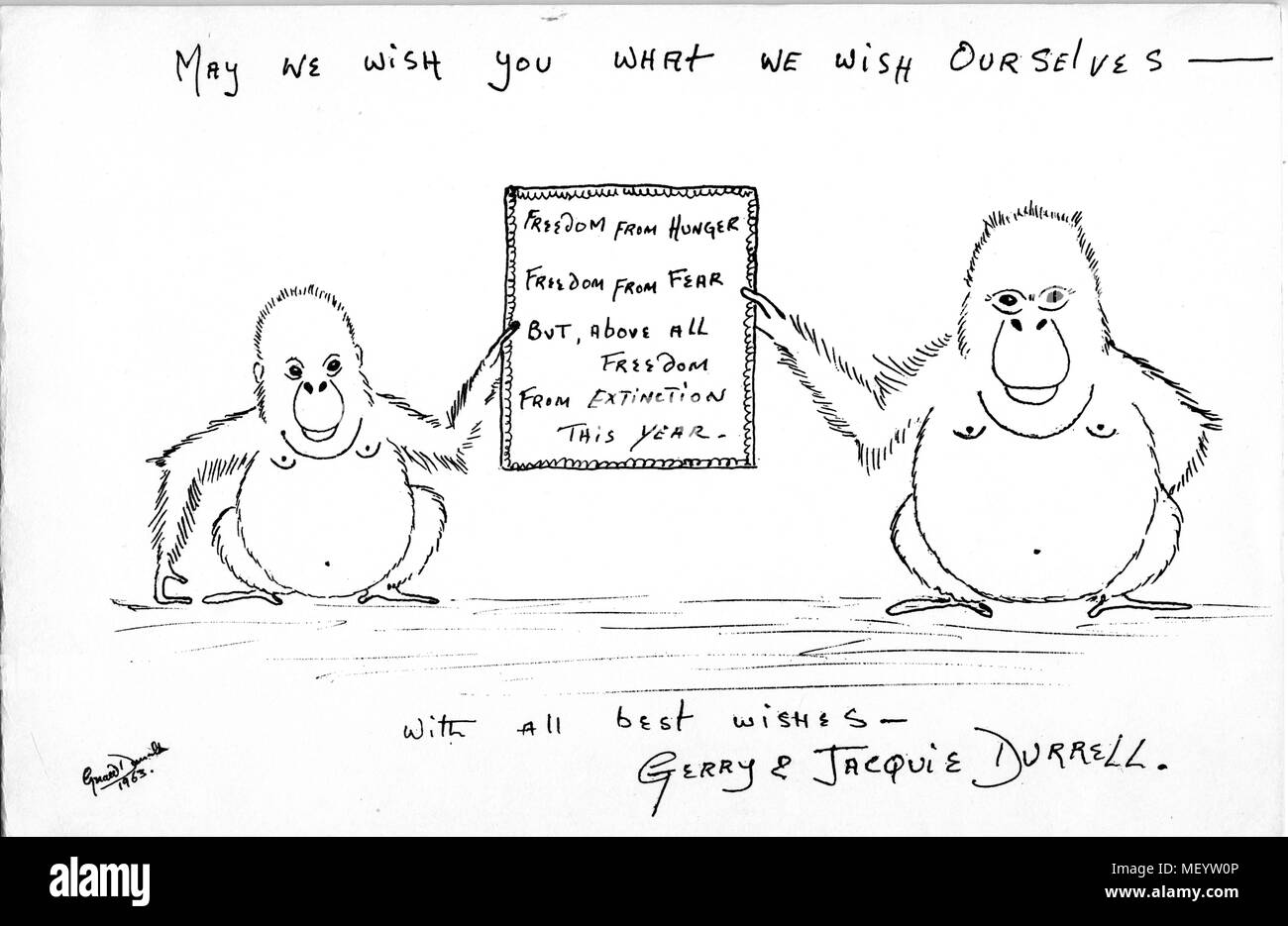 Gerald Durrell's & Jacquie Durrell's comic cartoon carte de Noël