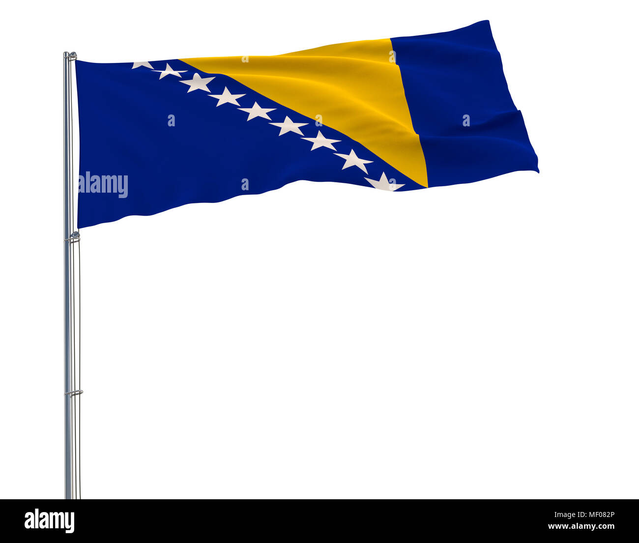Isoler le drapeau de la Bosnie-Herzégovine sur un mât voltigeant dans le vent sur un fond blanc, 3D Rendering Banque D'Images
