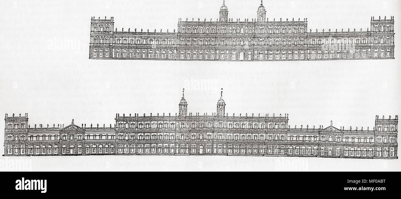 Inigo Jones' 1638 Plan d'un nouveau palais de Whitehall, Westminster, en Angleterre. Haut, l'avant vers le parc, en bas, l'avant en direction de Charing Cross. À partir de la vieille Angleterre : A Pictorial Museum, publié 1847. Banque D'Images