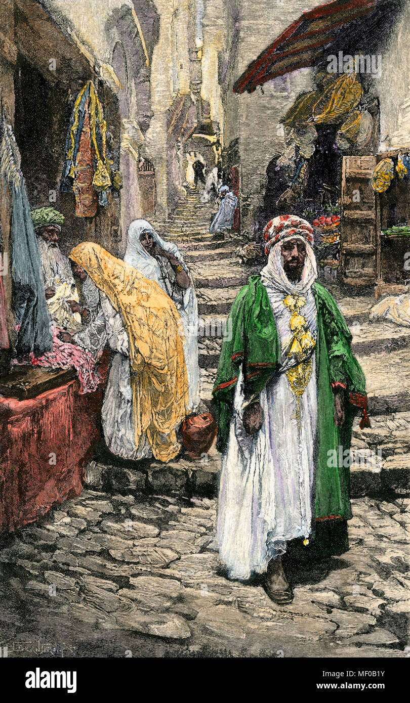 Street dans le quartier arabe d'Alger, vers 1890. À la main, gravure sur bois Banque D'Images