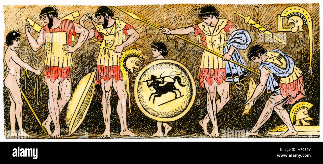 Les guerriers grecs pour préparer le combat. À la main, gravure sur bois, de la peinture d'un vase Banque D'Images