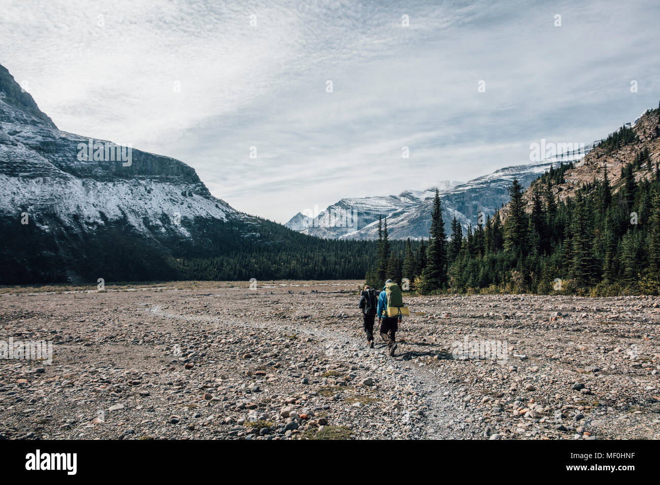 Le Canada, la Colombie-Britannique, le parc provincial du mont Robson, deux hommes randonnée sur sentier du lac Berg Banque D'Images