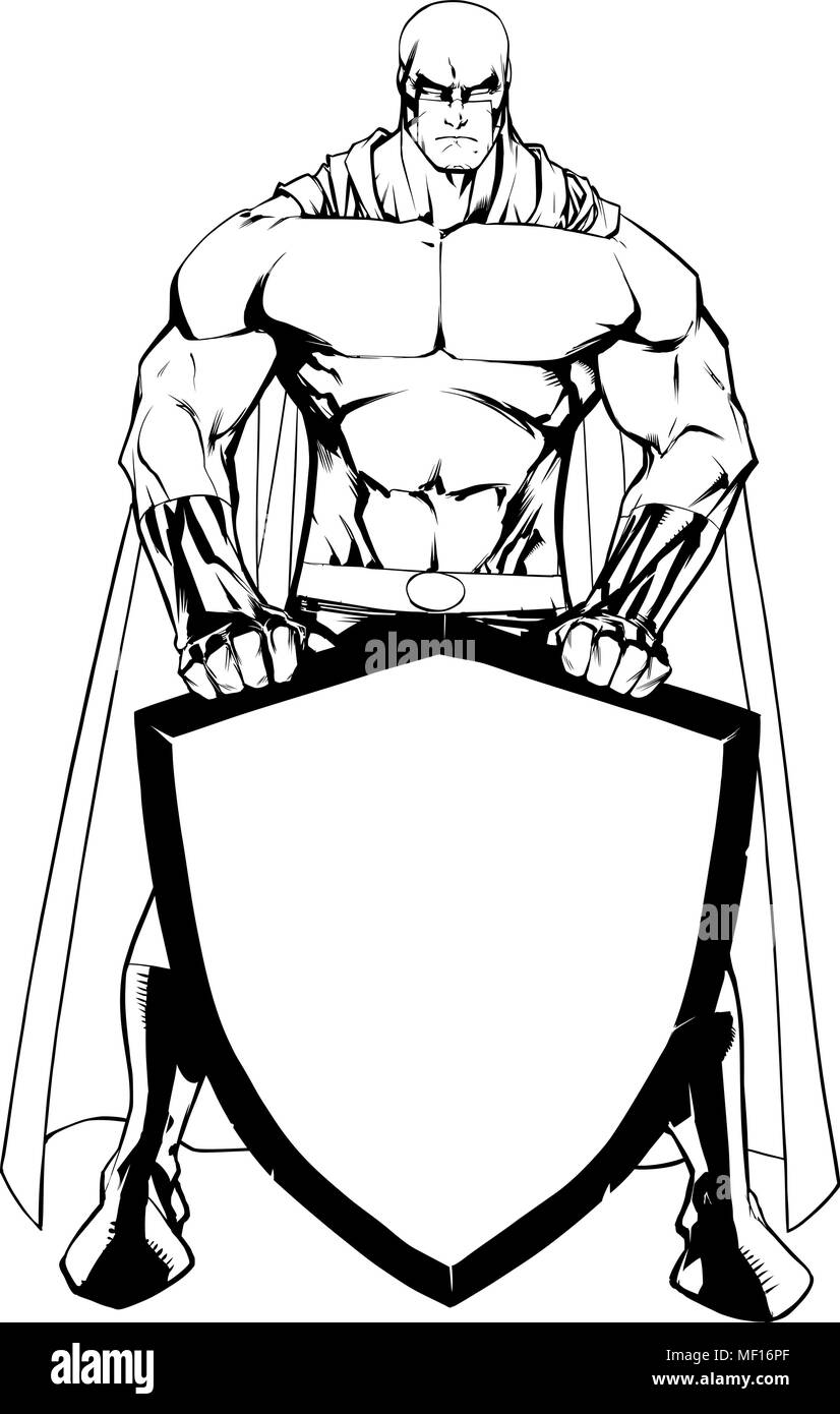 Art de la ligne de bouclier Holding Superhero Illustration de Vecteur