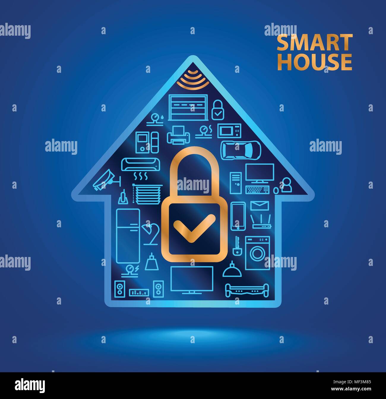 Smart home silhouette avec des icônes d'appareils ménagers.  ?Losed icône de verrouillage. L'Internet des objets. Ito. Système de sécurité. Illustration de Vecteur