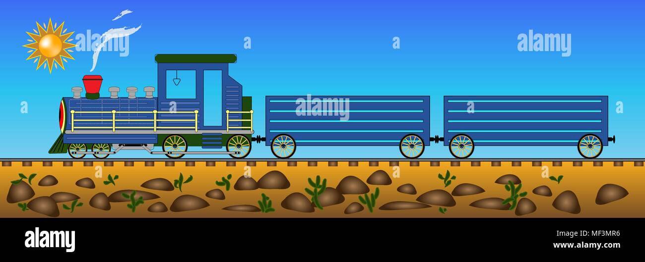 Bleu locomotive équitation dans le désert avec cactus vector illustration Illustration de Vecteur