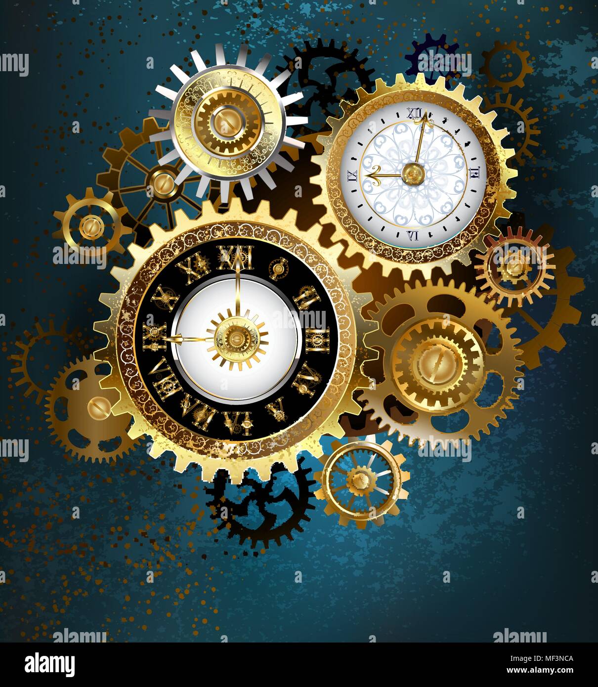 Horloge avec deux numéros d'or et de metal gears sur fond bleu turquoise. Style Steampunk. Illustration de Vecteur