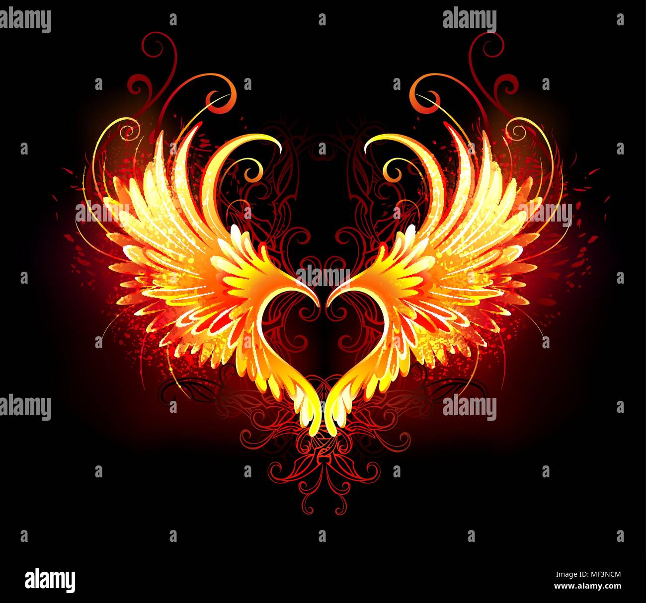 Angel fire heart avec des ailes sur fond noir. Illustration de Vecteur