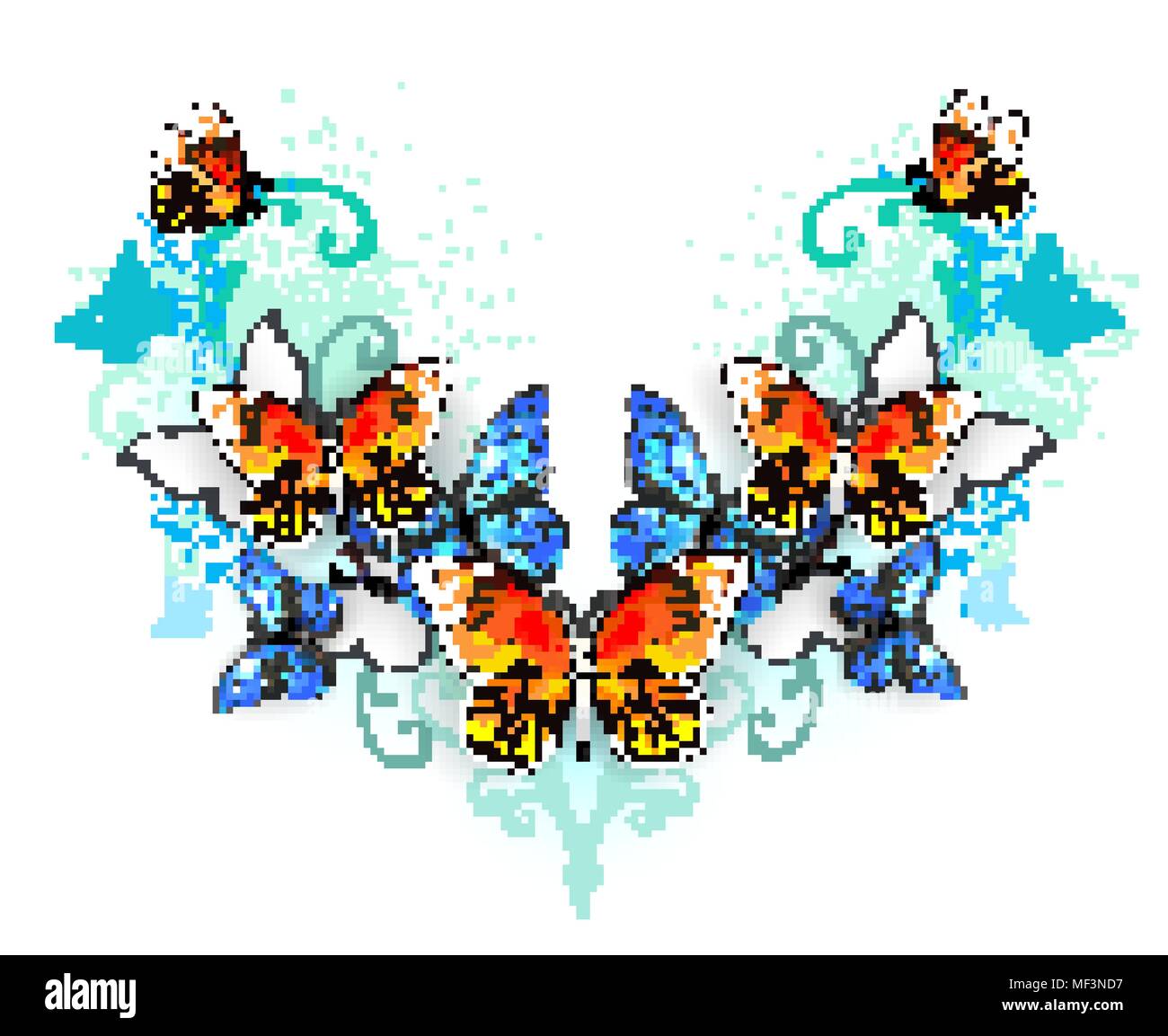 Motif symétrique de morpho bleu et orange des monarques sur fond blanc. Illustration de Vecteur