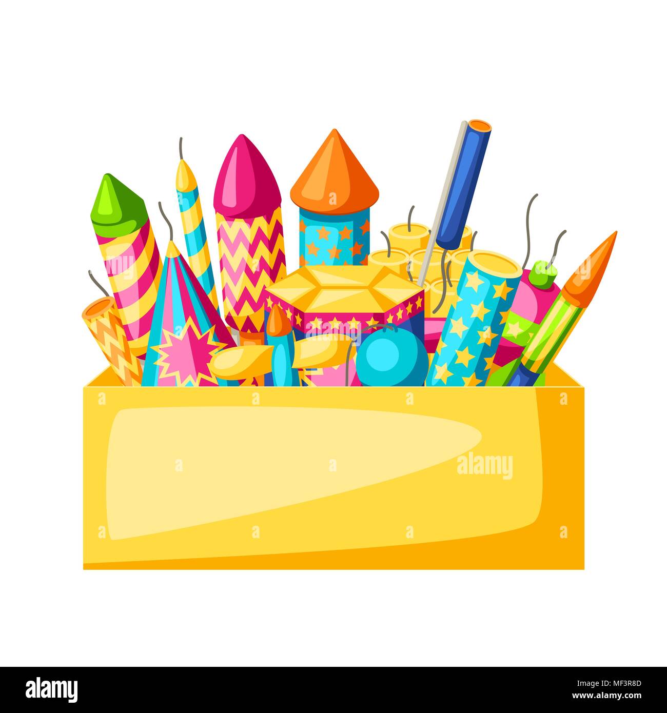 Avec l'arrière-plan d'artifice coloré. Différents types de pièces pyrotechniques, salue et pétards Illustration de Vecteur