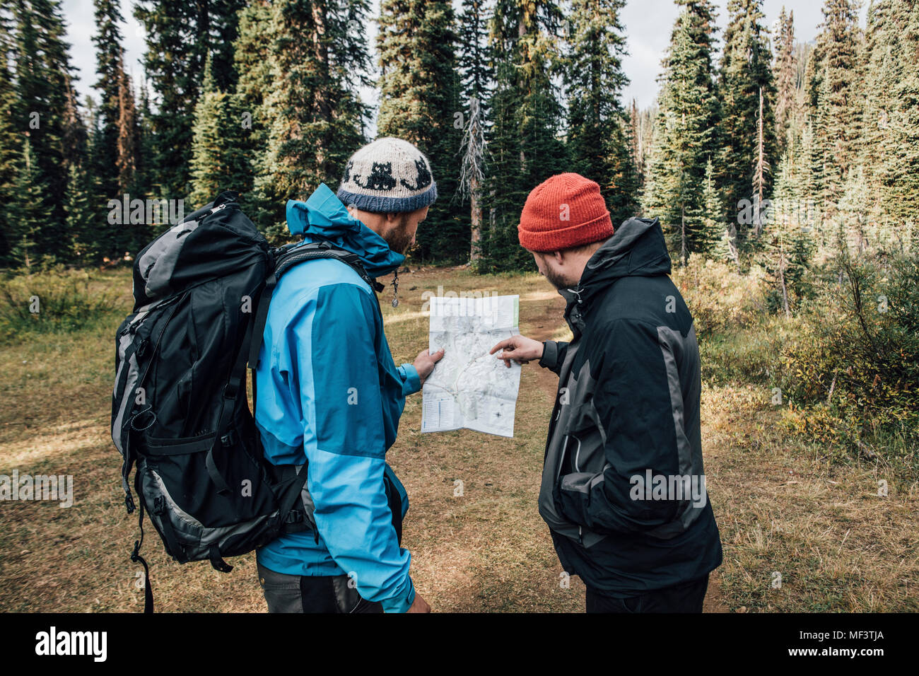Le Canada, la Colombie-Britannique, le parc national Yoho, deux randonneurs reading map au Mont Burgess Banque D'Images