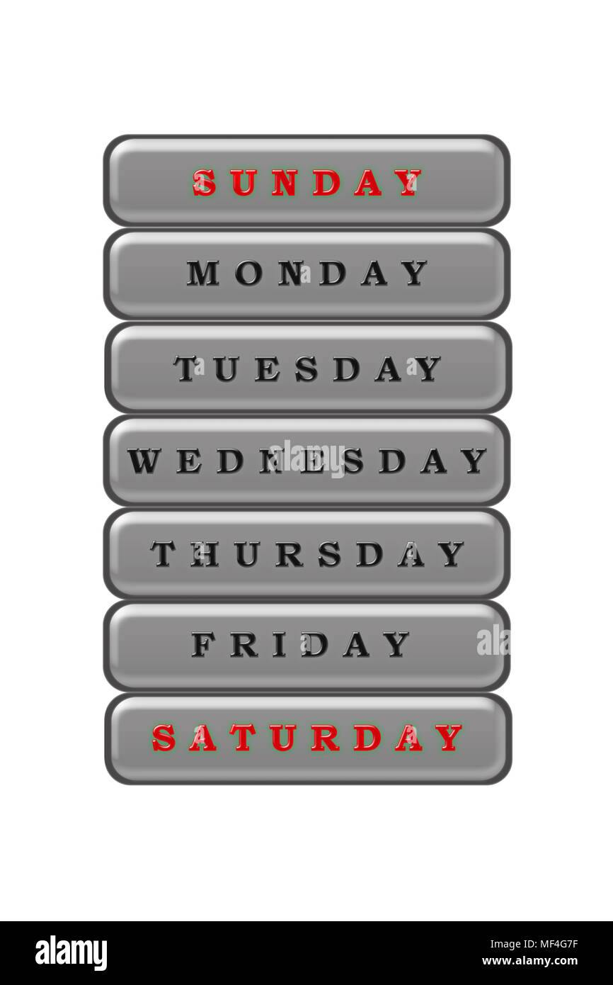 Parmi la liste des jours de la semaine, samedi et dimanche sont surlignés en rouge sur fond gris. Les autres jours sont noirs sur un background gris Banque D'Images