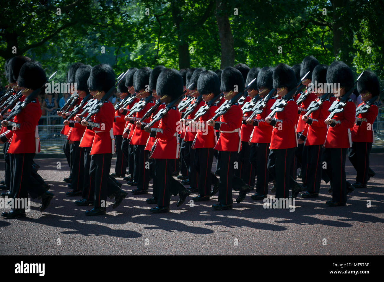 Londres - 17 juin 2017 : la garde royale dans les tuniques rouges et portent des chapeaux de fourrure busby marcher en formation sur le Mall dans une parade la parade couleur o Banque D'Images