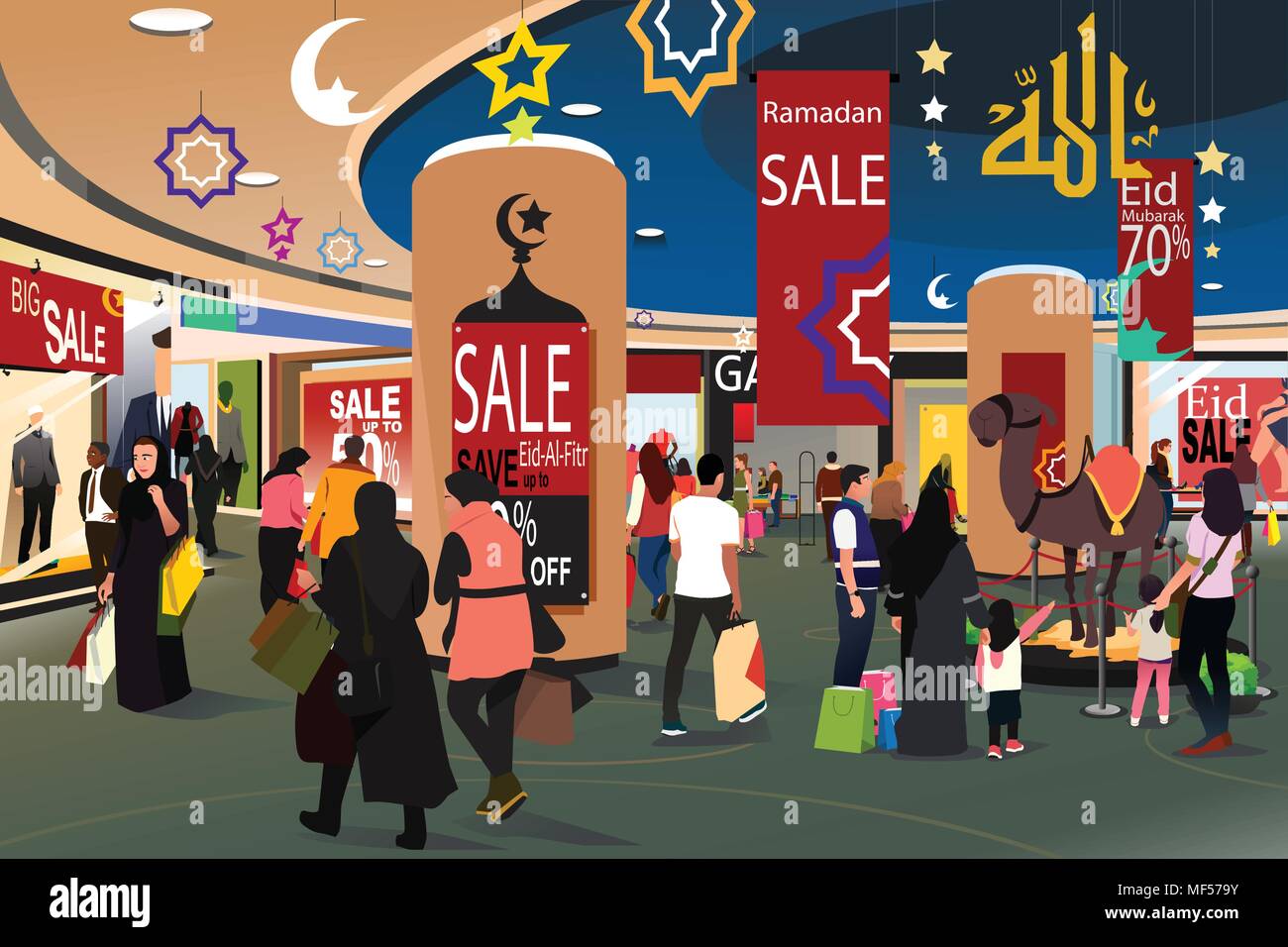 Un vecteur illustration de peuple musulman Shopping pendant le Ramadan Eid-Al-Fitr Vente Illustration de Vecteur