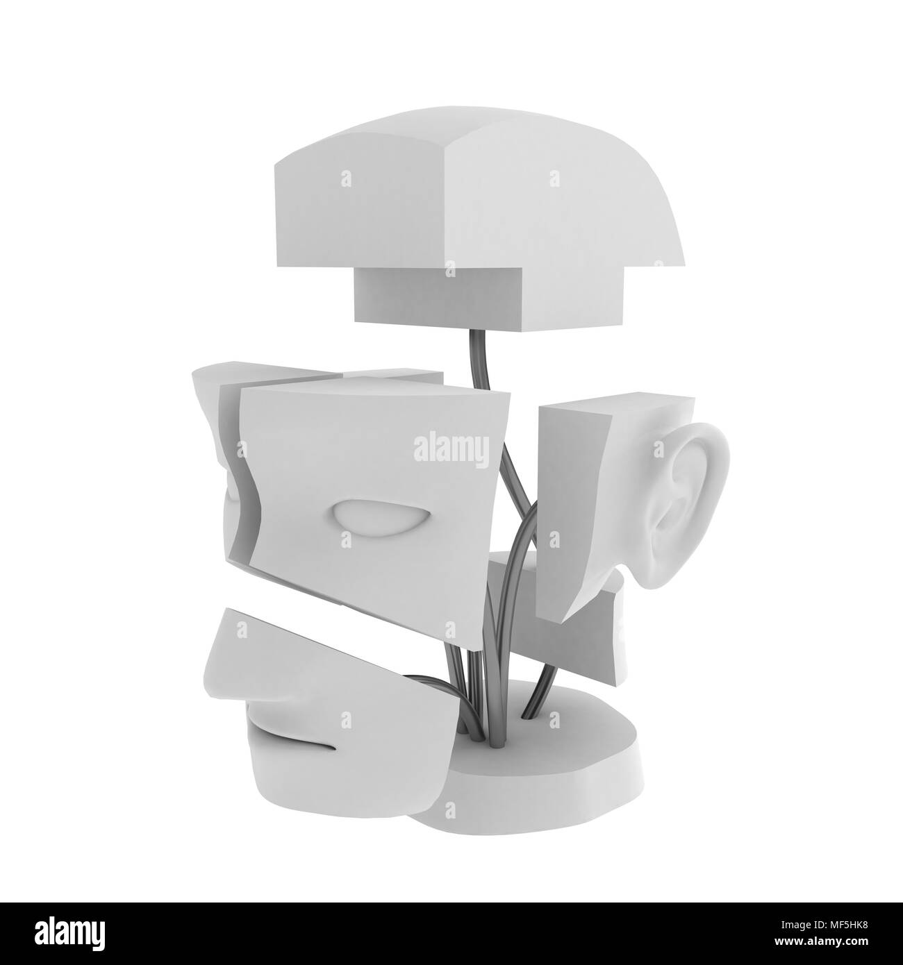 Tête 3d blanc sculpture articles connectés par des fils métalliques Banque D'Images
