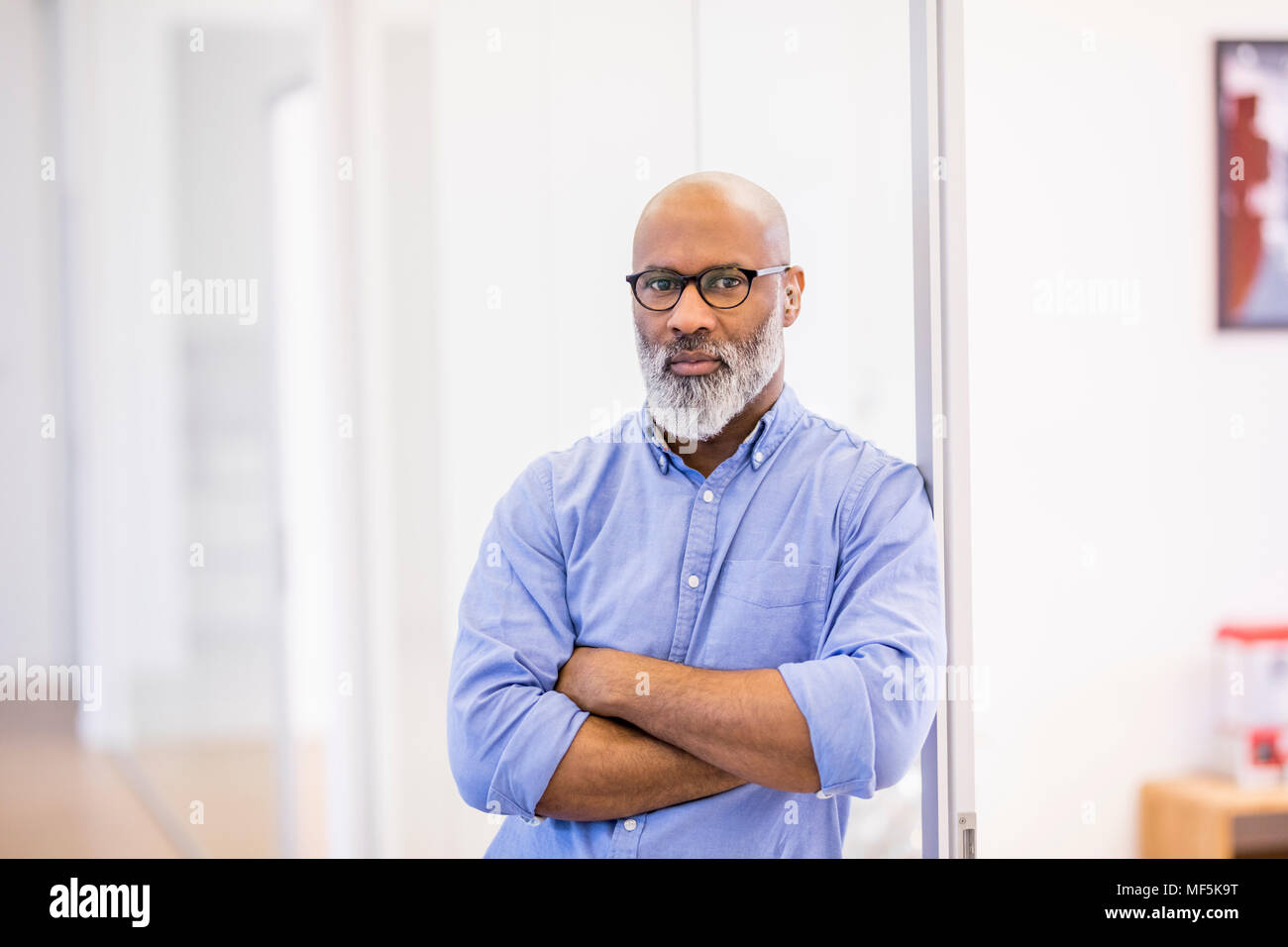 Portrait d'homme chauve avec barbe et lunettes dans le bureau Banque D'Images