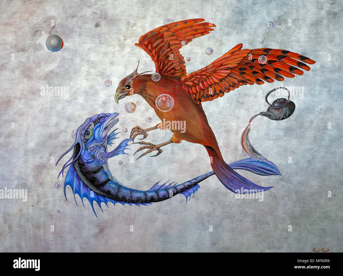Huile originale sur toile peinture représentant le conflit entre un phoenix et un poisson mythologique dans une bataille céleste Banque D'Images
