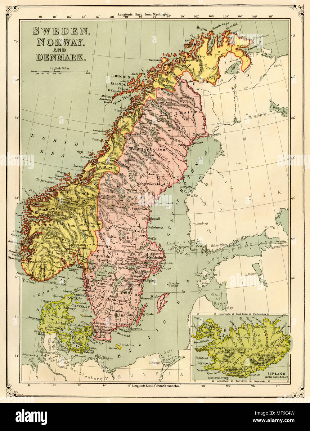 Carte de la Norvège, la Suède, le Danemark et l'Islande, 1870. Lithographie couleur imprimée Banque D'Images