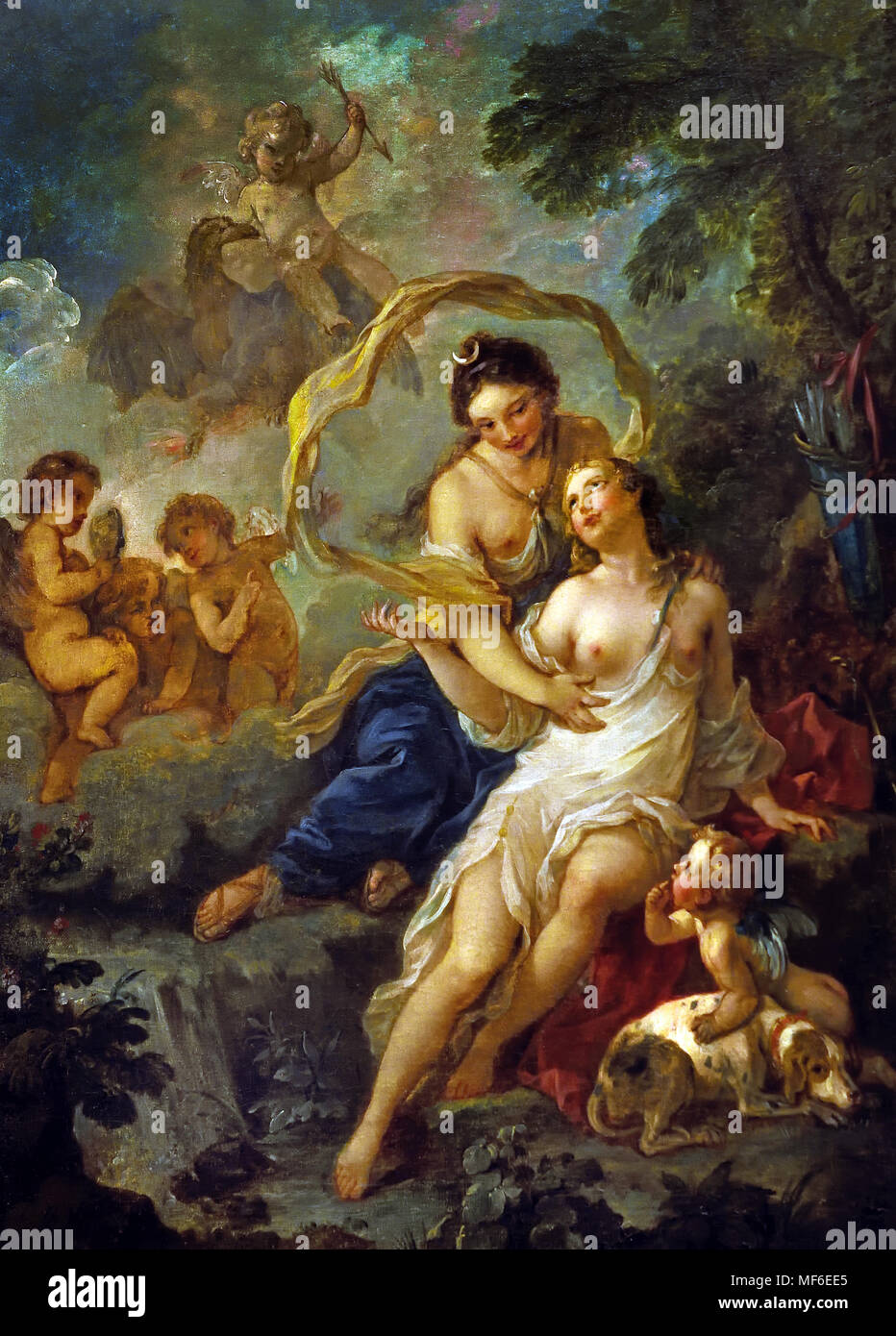 Artémis et Callisto 1744 par Charles Joseph Natoire 1700-1777 France French ( dans la mythologie grecque, Callisto ou Kallisto était une nymphe, ou la fille du roi lycaon. Elle a été l'un des disciples d'Artémis, ou Diana pour les Romains, qui ont attiré de Zeus (Jupiter). Il se transforma en la figure d'Artémis et la séduisit dans ce déguisement. Elle est devenue enceinte. ) Banque D'Images