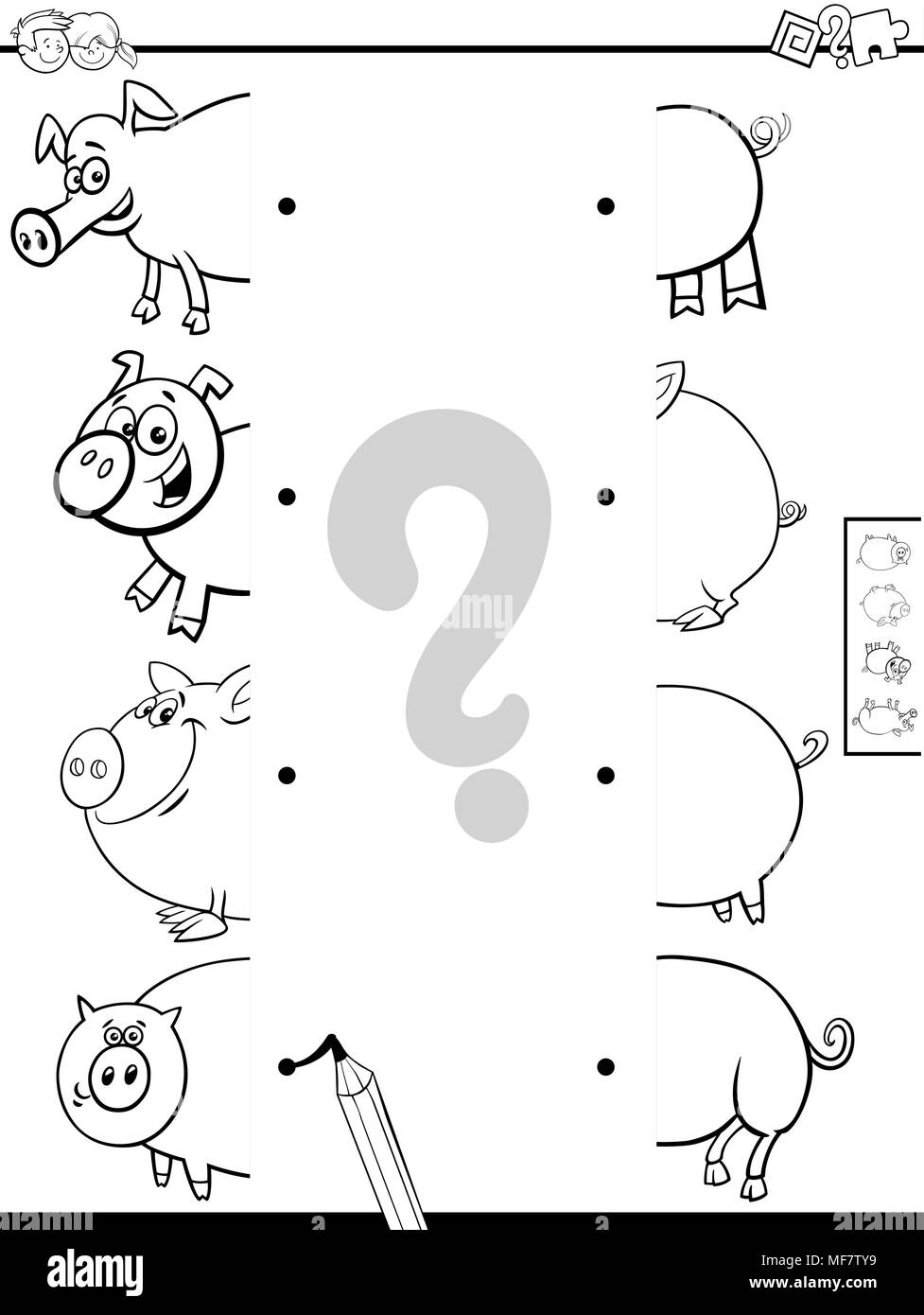 Cartoon noir et blanc Illustration de jeu éducatif des moitiés correspondantes des cochons à colorier Images Personnages Animaux Illustration de Vecteur