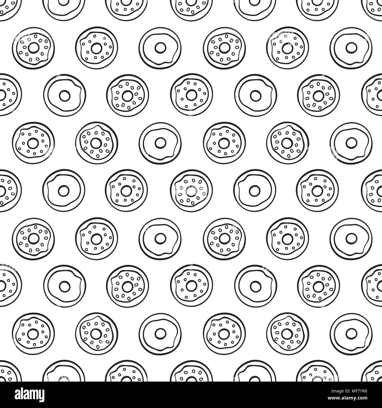 Cute Cartoon donuts sur fond blanc. Modèle sans couture. Livre de coloriage linéaire. Illustration de Vecteur