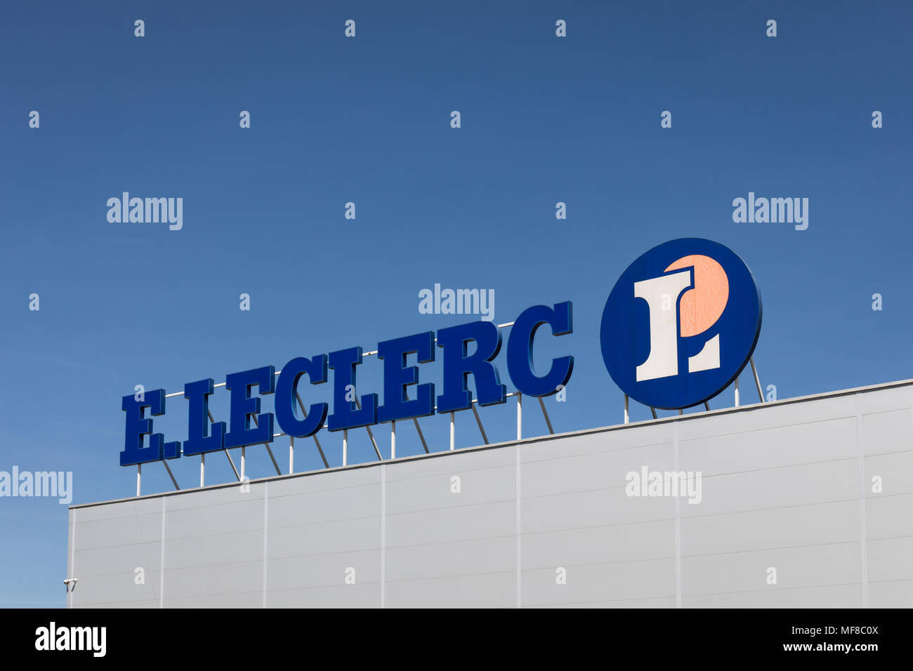 E. Leclerc signe, logo, la chaîne d'hypermarchés français Banque D'Images