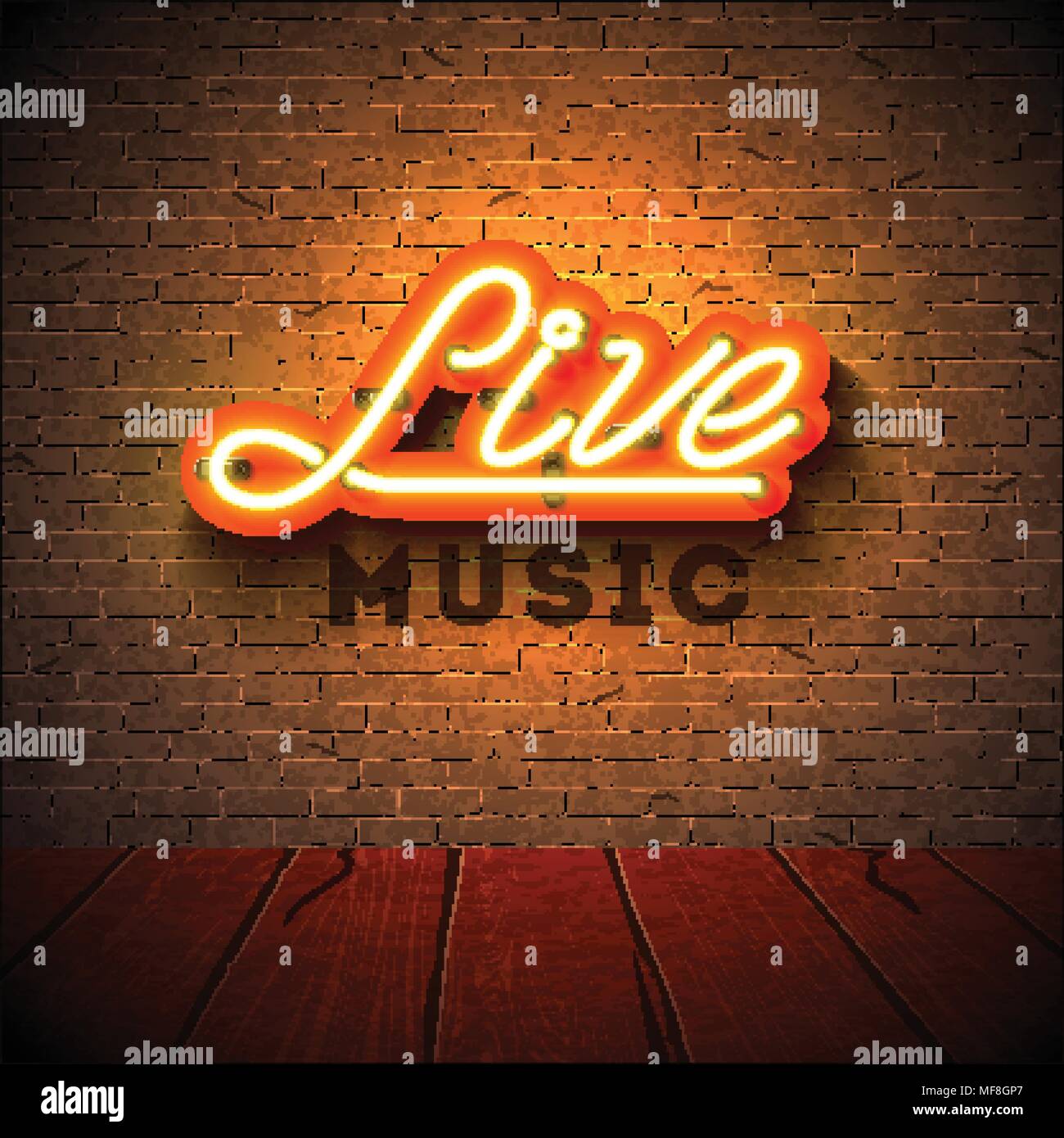 Musique live avec 3d neon sign pancarte lettre sur mur de brique arrière-plan. Modèle de conception pour la décoration, couvrir, flyer ou de promotion de l'affiche du parti. Illustration de Vecteur