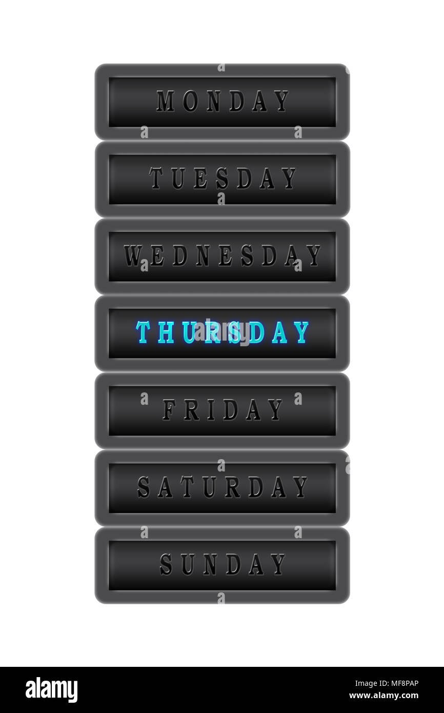 Dans la liste des jours de la semaine, le jeudi est surlignée en bleu sur un fond foncé parmi les jours de la semaine, le jeudi est surlignée en bleu sur un d Banque D'Images