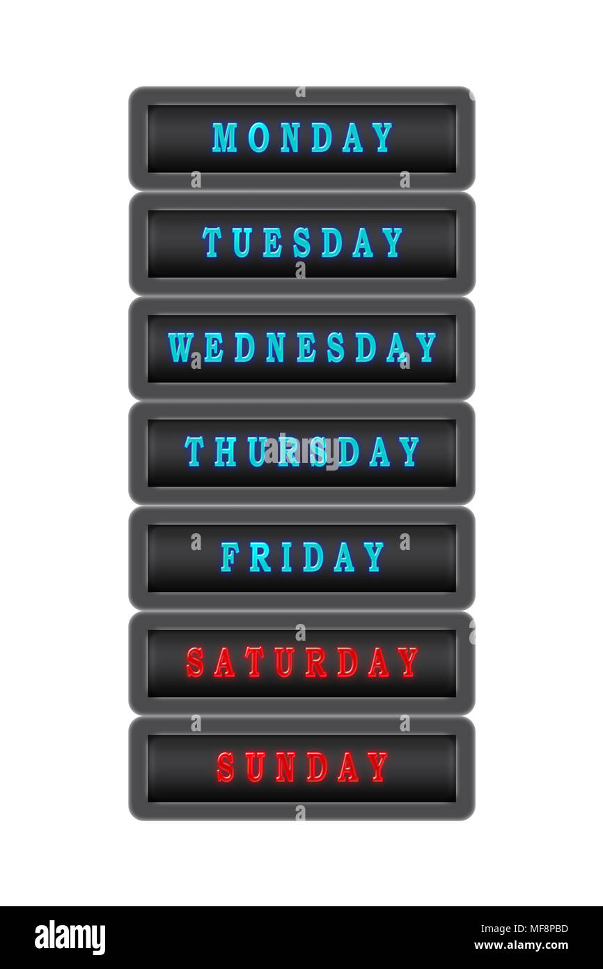 Parmi la liste des jours de la semaine, samedi et dimanche sont surlignés en rouge sur un fond sombre. Les autres jours sont indiquées en bleu sur Banque D'Images