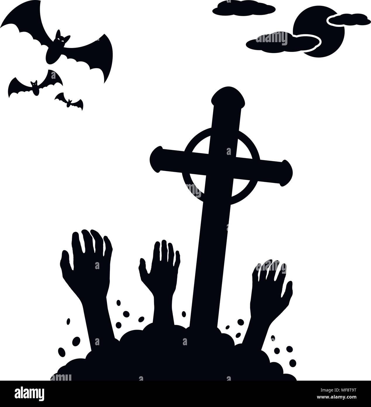 Concept d'Halloween, zombie mains sortant du sol des cimetière. Vector illustration. Illustration de Vecteur