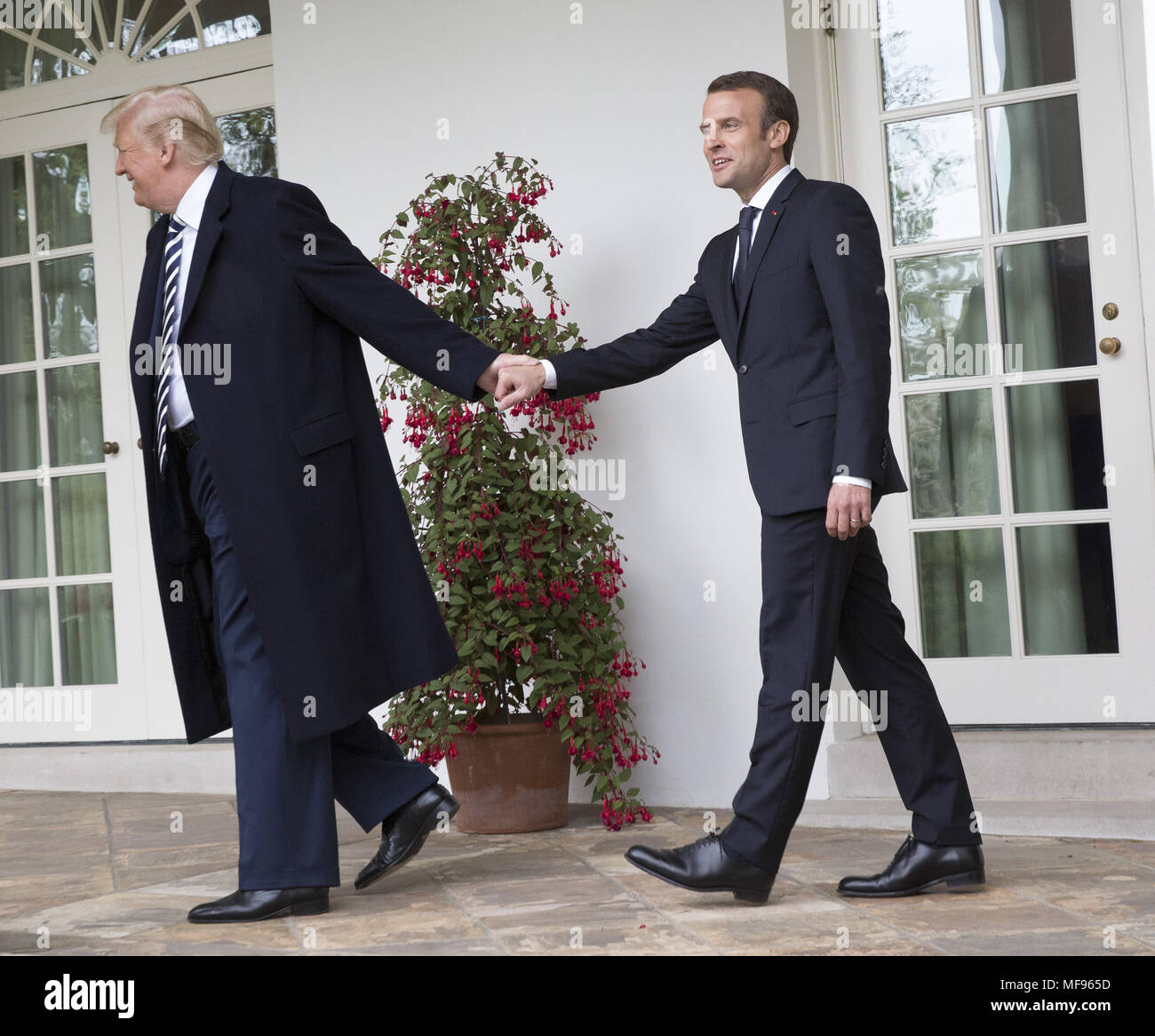 Washington, District de Columbia, Etats-Unis. Apr 24, 2018. Le Président des Etats-Unis, Donald J. Trump mène le Président EMMANUEL MACRON de la France pour le Bureau Ovale pendant une visite d'État à la Maison Blanche. Crédit : Chris Kleponis/Piscine/CNP/ZUMA/Alamy Fil Live News Banque D'Images