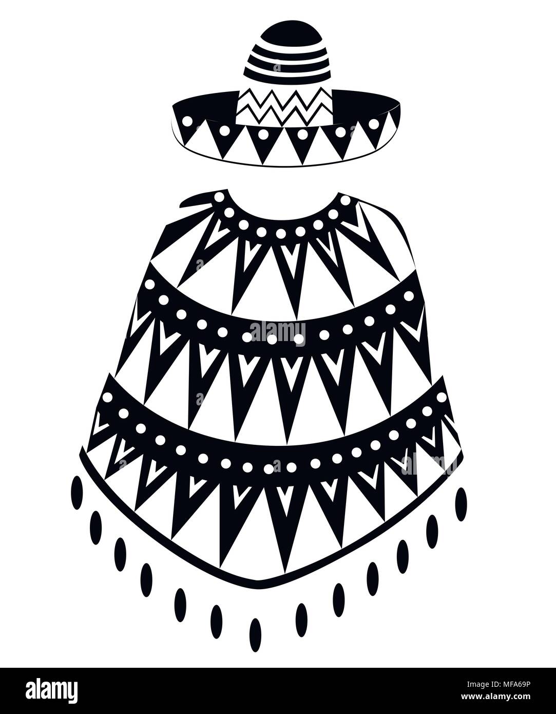 Silhouette noire. Caricature de Sombrero Mexican Hat et poncho homme silhouette. Décorées vintage partie symbole. Vector illustration isolé sur blanc zone Illustration de Vecteur