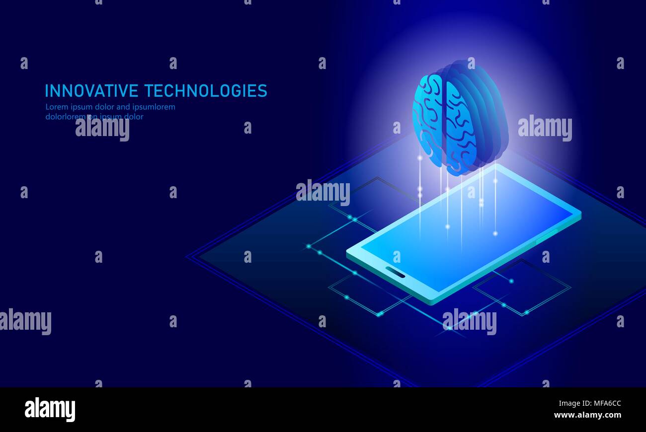 L'intelligence artificielle isométrique concept d'entreprise. Rougeoyant bleu connexion de données d'information personnelle isométrique smartphone pc technologie de l'avenir du cerveau humain. Vector illustration infographie 3D Illustration de Vecteur