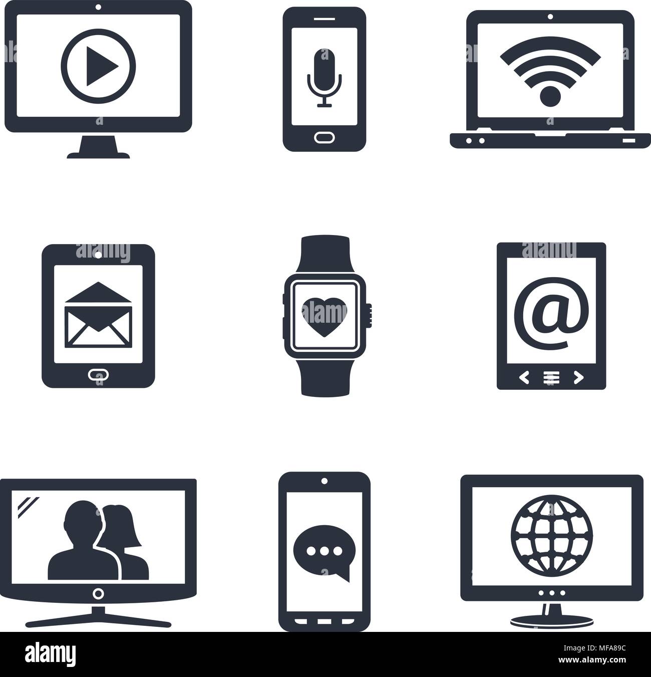 Les appareils numériques des icônes avec le contact et la communication de signes sur l'écran. Vector illustration. Illustration de Vecteur