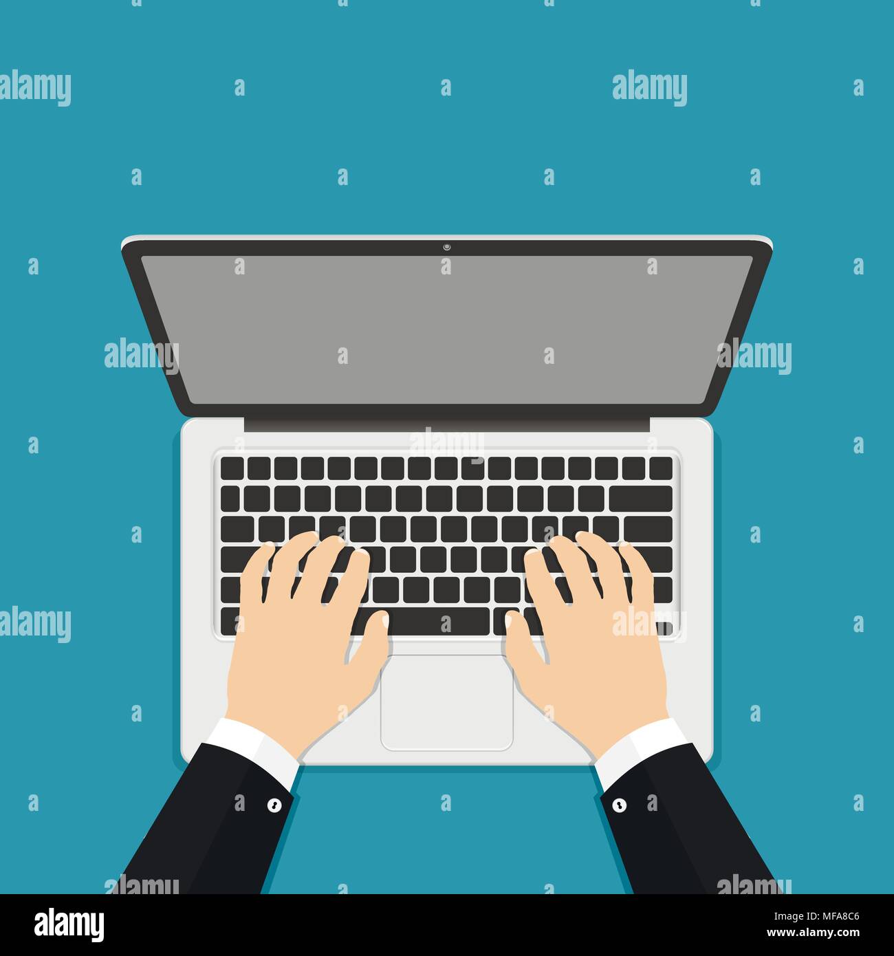 Businessman main sur clavier d'ordinateur portable avec écran blanc moniteur. Vector illustration style plat. Illustration de Vecteur