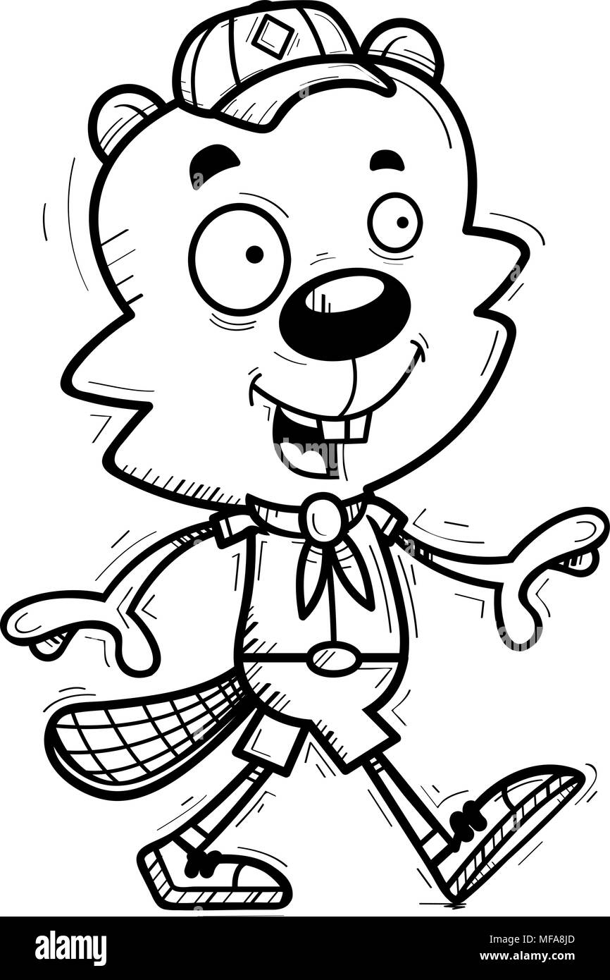 Illustration d'une caricature d'un scout castor mâle marche à pied. Illustration de Vecteur