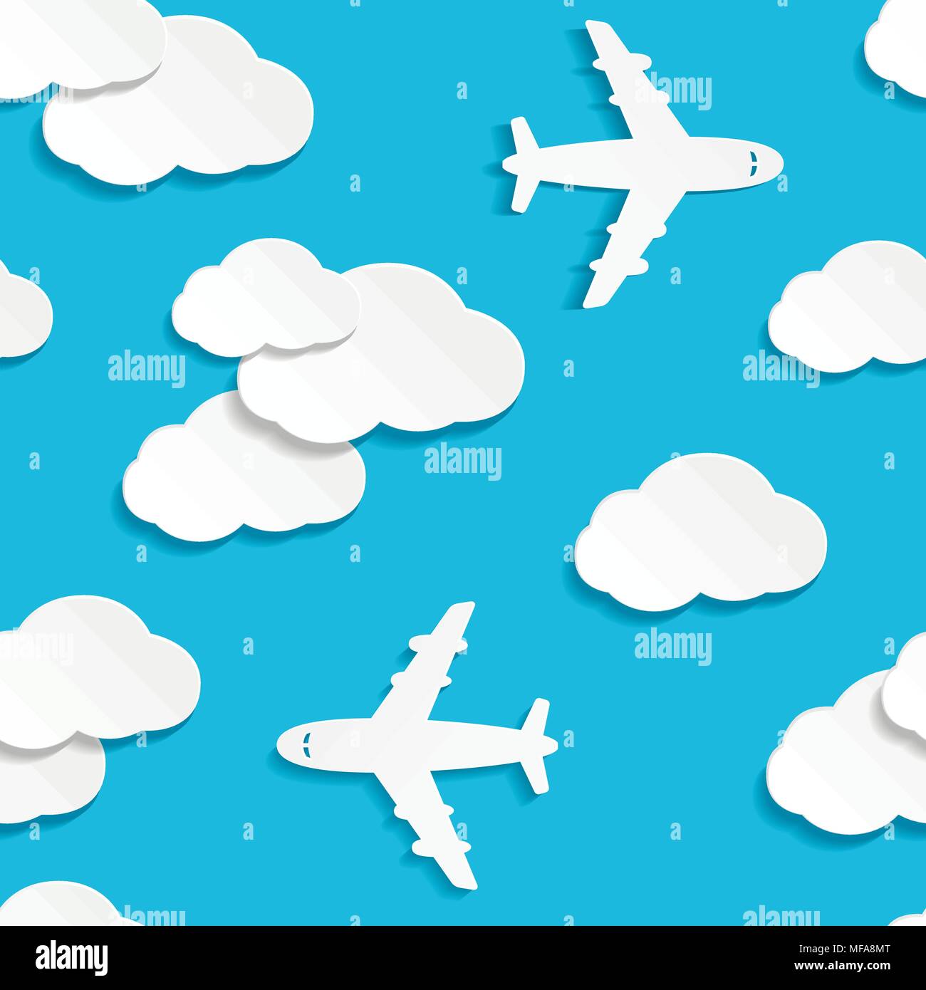 Modèle sans couture avec paper planes et les nuages. Ciel bleu en arrière-plan de voyage. Vector illustration. Illustration de Vecteur