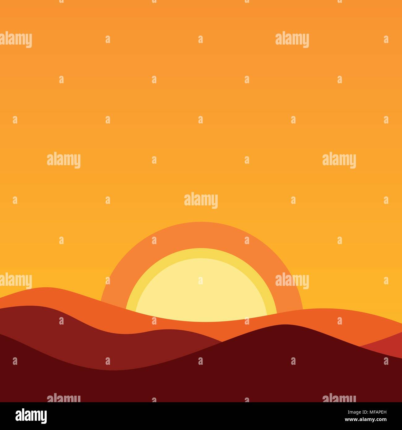 Cartoon désert Paysage au coucher du soleil. Vector illustration de fond en couleurs orange du soleil du soir et l'horizon. Illustration de Vecteur