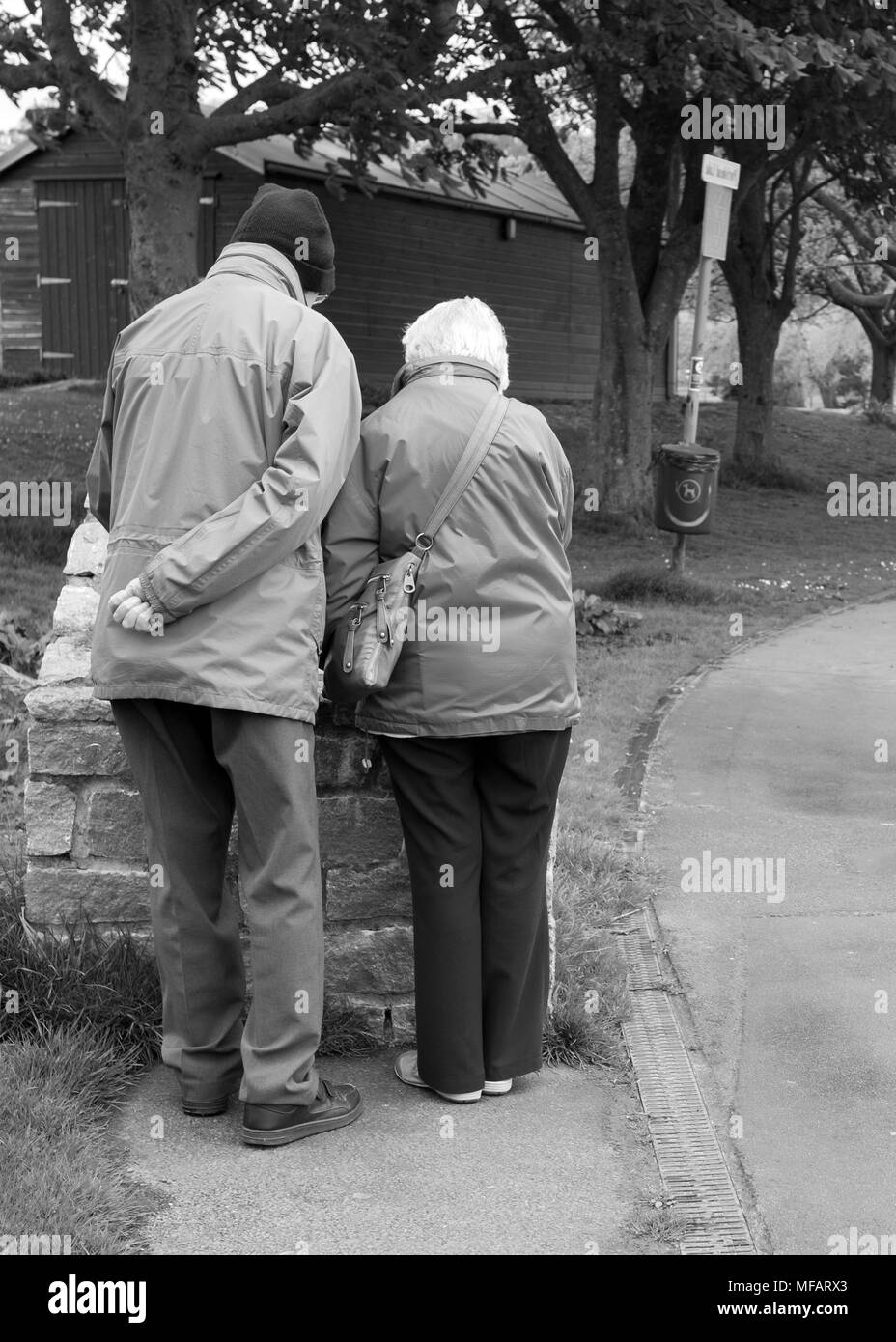 Avril 2018 - Mature couple checking out un panneau d'information dans un parc public. Banque D'Images