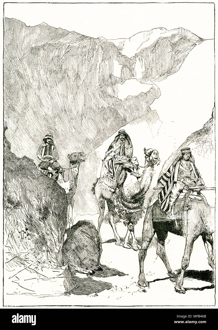 Gravure des Bédouins et des chameaux à l'entrée de Wadi El Ain. À partir d'une gravure originale à l'édition 1891 de terres dans les écritures par Edward L Wilson Banque D'Images