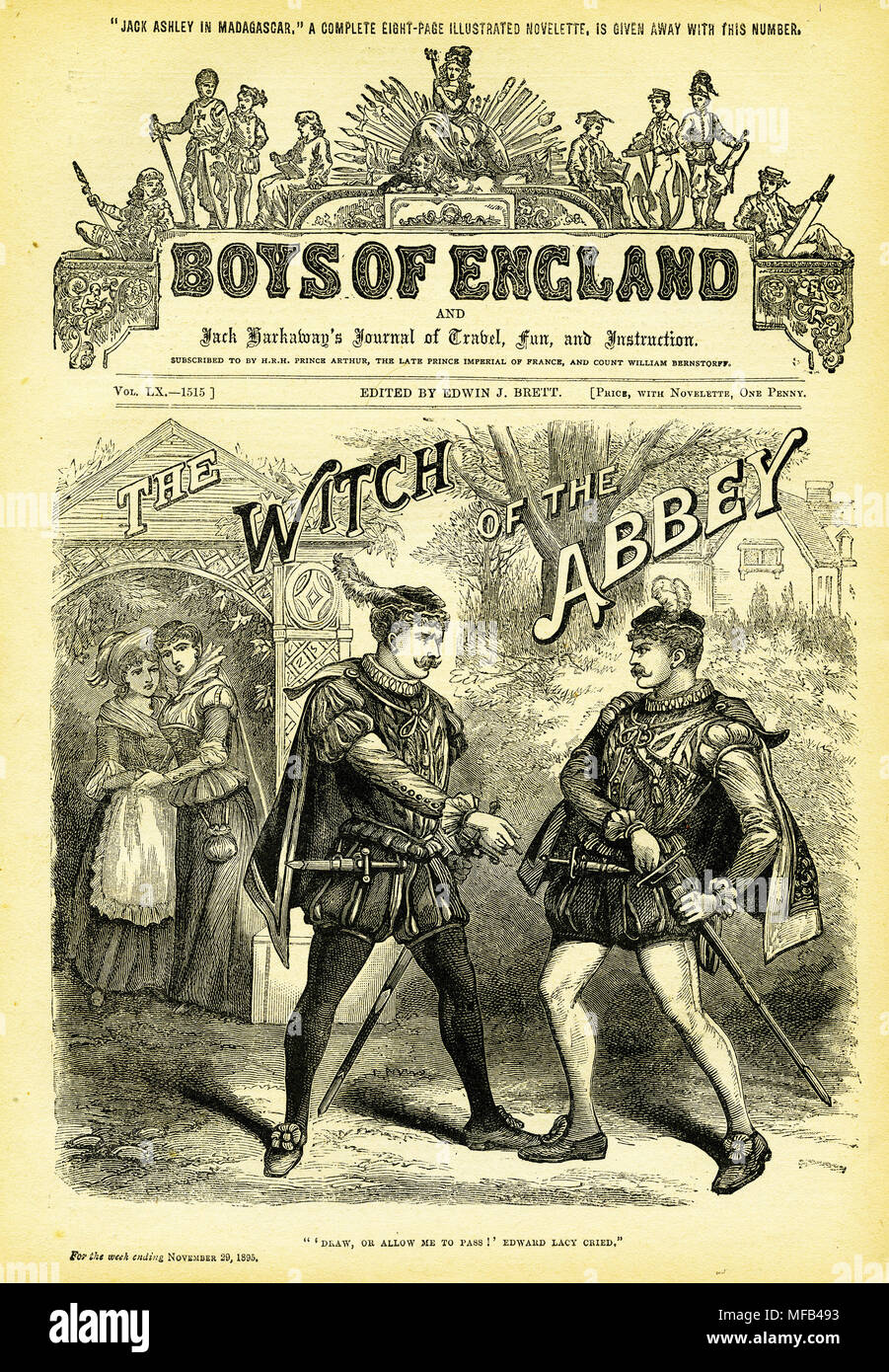 Gravure du capot avant de les garçons de England Magazine en 1894. Cette couverture typique dispose de deux hommes engagés dans un combat à l'épée. Banque D'Images