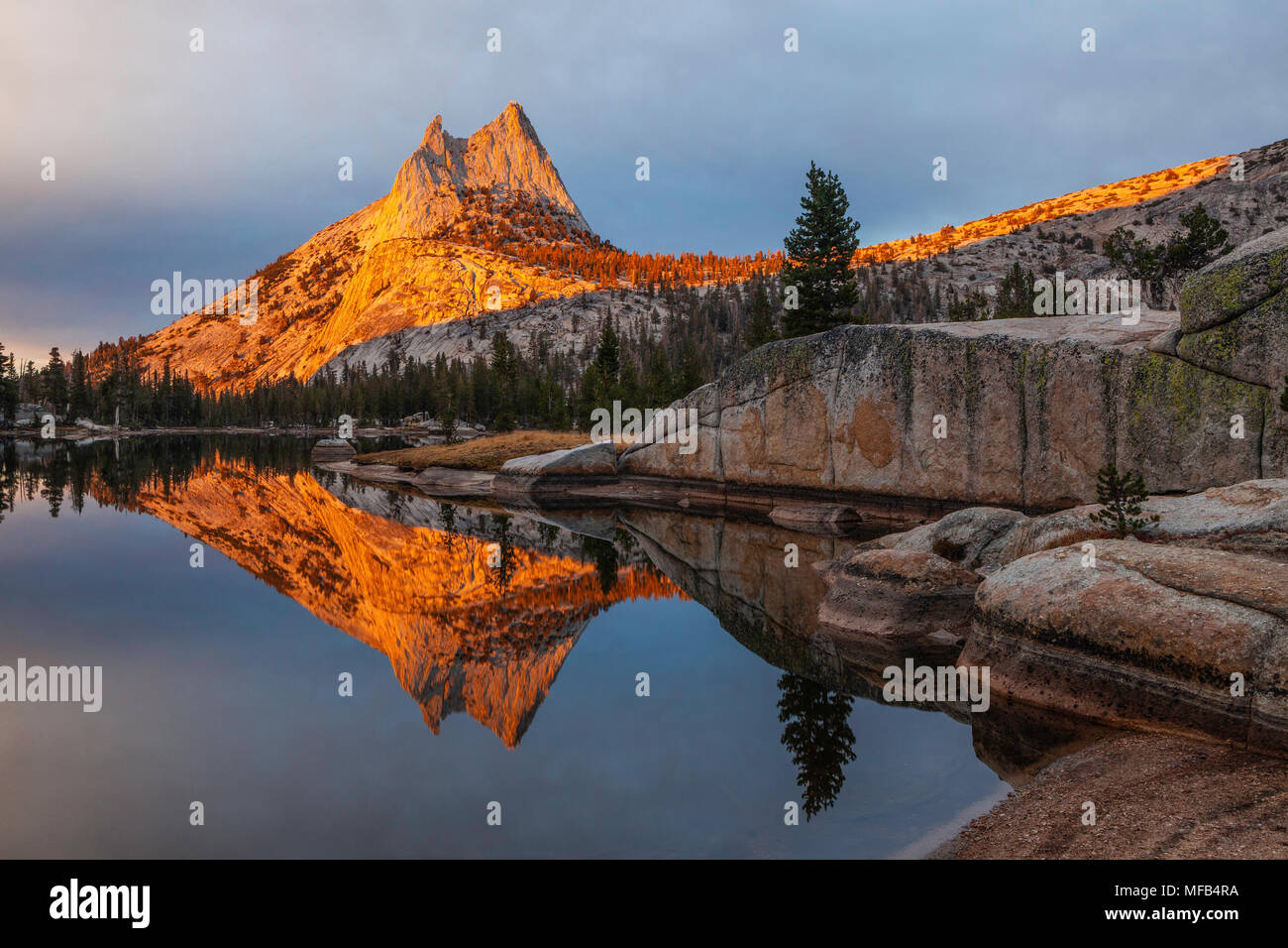 Cathedral Peak coucher du soleil reflétée dans la région de Cathedral Lake, Yosemite National Park, Californie Banque D'Images