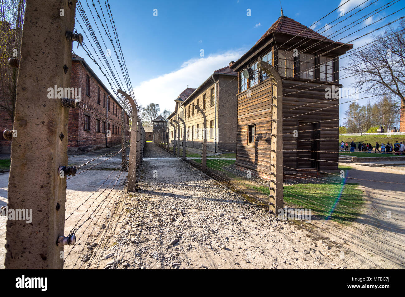 Les barbelés électriques de l'allemand nazi de concentration et d'extermination d'Auschwitz Birkenau camp world heritage, Pologne Banque D'Images