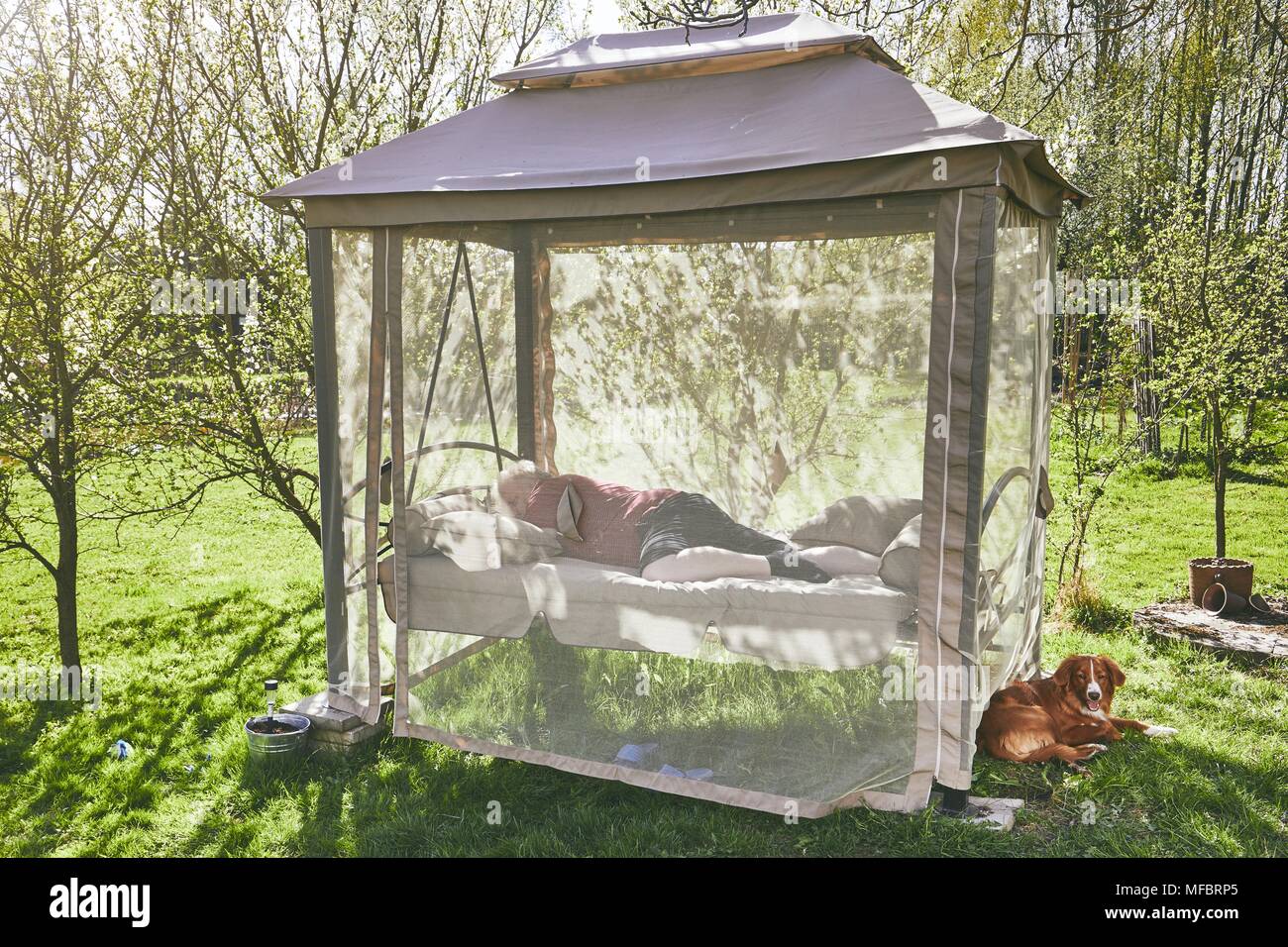 Printemps journée ensoleillée sur le jardin. L'homme de dormir sur l'oscillation. Banque D'Images